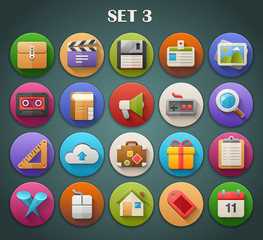 Round Bright Icons with Long Shadow Set 3