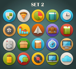 Round Bright Icons with Long Shadow Set 2