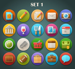 Round Bright Icons with Long Shadow Set 1