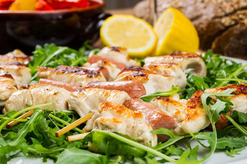 grilled chicken on bamboo skewers