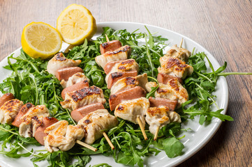 grilled chicken on bamboo skewers