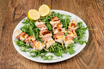 grilled chicken on bamboo skewers