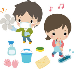 家の大掃除をする若い男女