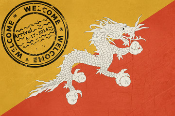 Welcome to Bhutan flag with passport stamp