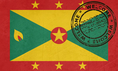 Fototapeta premium Welcome to Grenada flag with passport stamp
