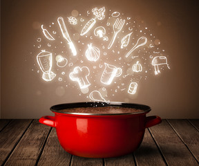 cooking icons coming out from cooking pot - Powered by Adobe