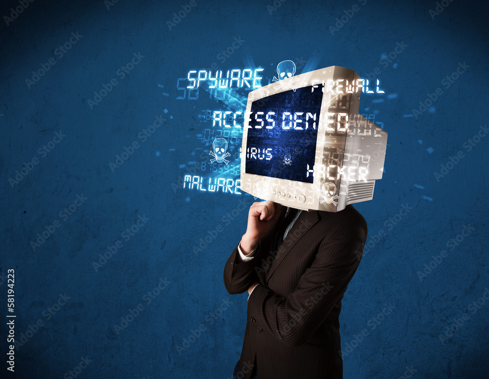 Poster monitor head person with hacker type of signs on the screen