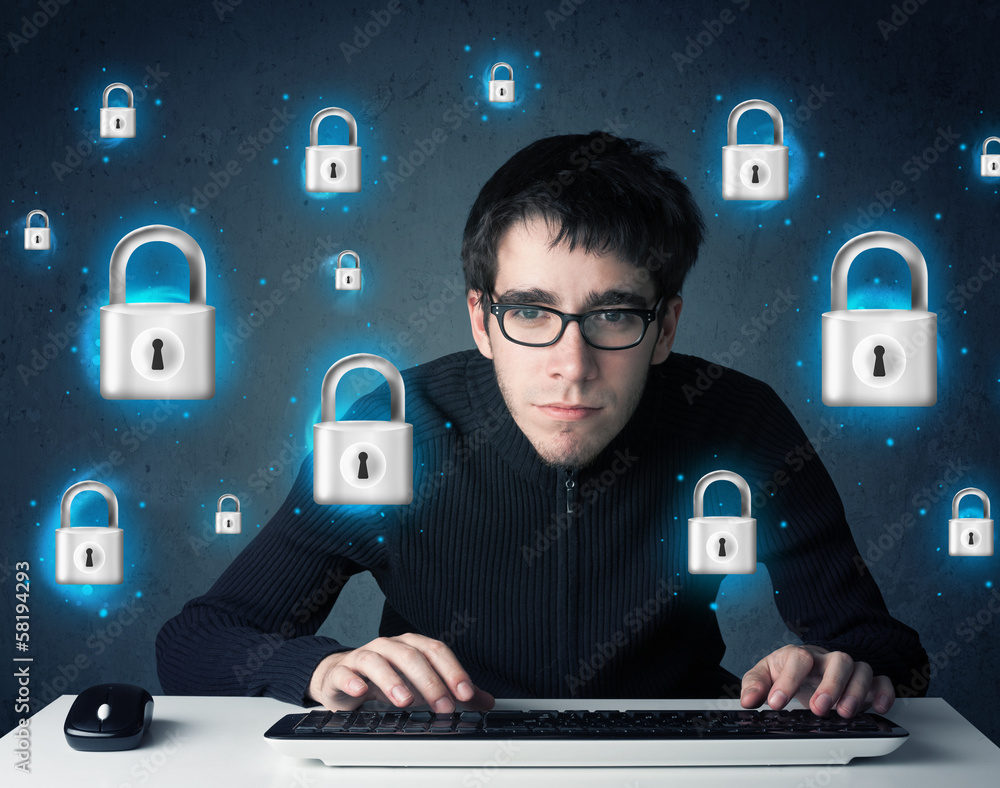 Poster young hacker with virtual lock symbols and icons