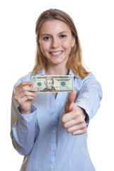 Laughing woman with dollar note showing thumb up