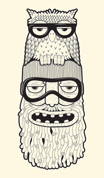 Fototapeta bearded man in ski-glasses with owl on his head