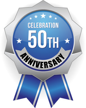 Blue silver 50th anniversary badge with ribbon