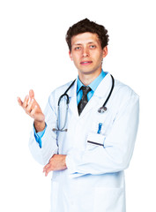 Portrait of a male doctor showing finger at you on white
