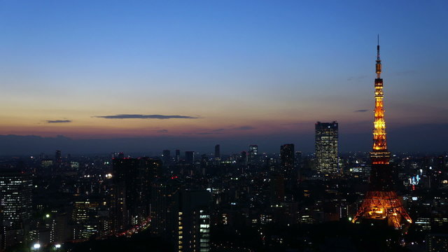 絶景 トワイライトの東京タワーと都心の高層ビル （タイムラプス）