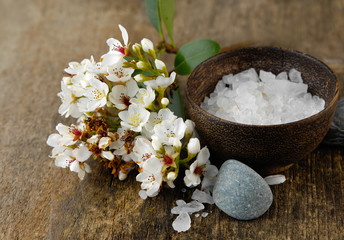 Fototapeta na wymiar bunch of spring flower with salt in bowl on old wooden