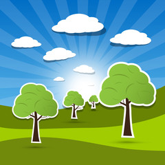 Vector landscape illustration, trees on meadow