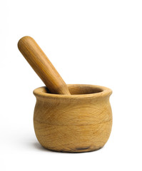 Olive wood mortar and pestle isolated on white background