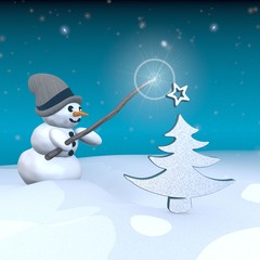 snowman with magic wand and abstract christmas tree sign