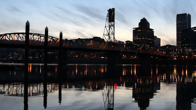 Portland Oregon Downtown City Skyline at Blue Hour Panning