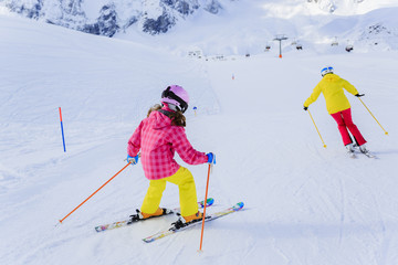 Ski, skiers on ski run -  child on ski lesson