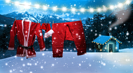 Santa clothing hanging on a clothes line