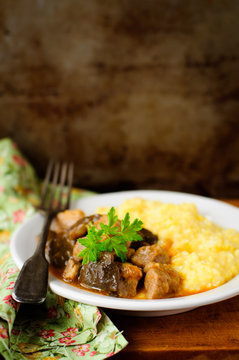 Pork and Mushroom Stew with Polenta, vintage effect