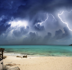 Beautiful beach at night with thunderstorm approaching