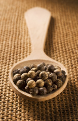 peppercorns on wooden spoon