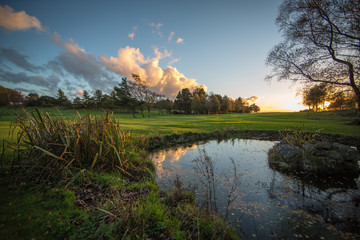 Golf course in the evening with pond