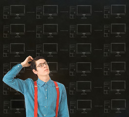Nerd geek businessman with chalk computer network background