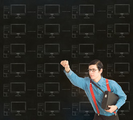 Nerd geek businessman with chalk computer network background