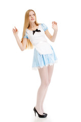 girl in blue dress with long hair on a white background