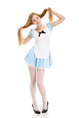 girl in blue dress with long hair on a white background