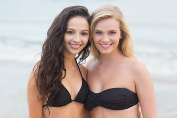 Smiling young bikini women at the beach