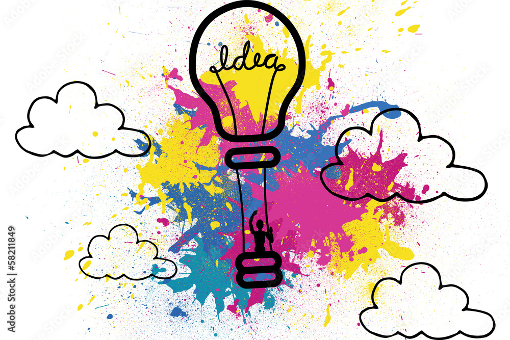 Poster drawn light bulb with figure over splashes