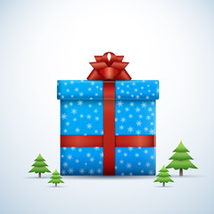 Blue gift box with red bow and ribbon