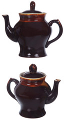 two views of big brown tea pot isolated on white