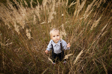 Naklejka na ściany i meble sad little boy portrait in high grass