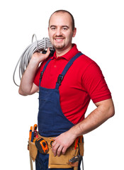 smiling Caucasian electrician dressed in red and blue. isolated white background