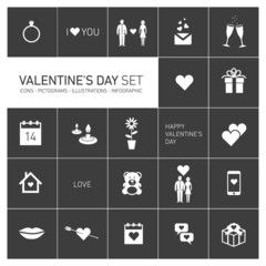 happy valentines day icons and pictograms set black and white