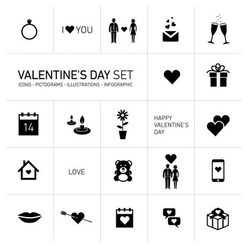 happy valentines day icons and pictograms set black and white