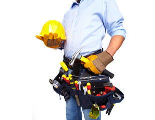 Worker with a tool belt. Construction.