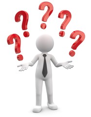 Männchen jongliert mit Fragezeichen