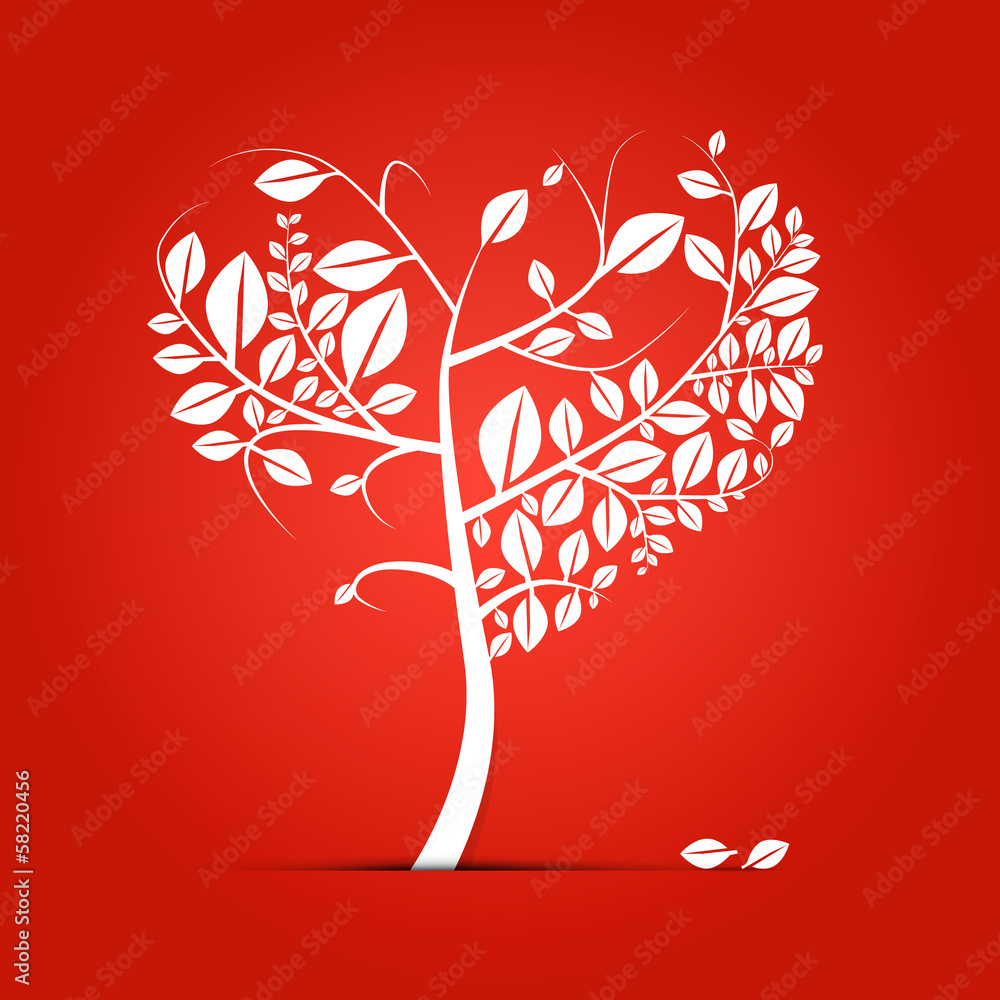 Poster abstract vector heart-shaped tree on red background