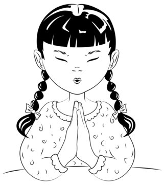 asian girl praying hands black and white clip art preview