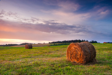 bales of hay at sunrise. foggy morning