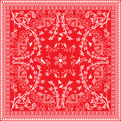 Red and white Elephant Asian square Scarf or Bandana