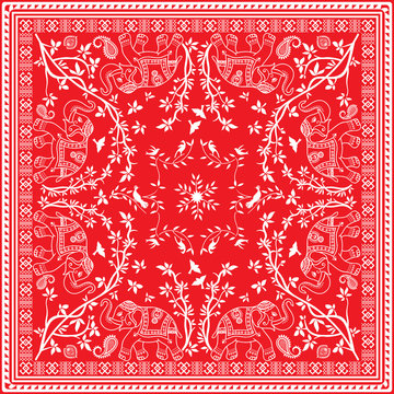 Red and white Elephant Asian square Scarf or Bandana