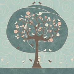 Abstract tree with birds and roses on blue background. Vector