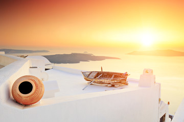 A detail of traditional house at Santorini island on sunset