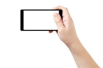 Right hand holding thin frame smart phone, clipping path